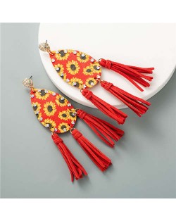 Sunflowers Prints Waterdrop Tassel Fashion Leature Texture Women Costume Earrings - Red