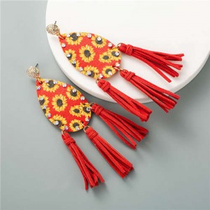 Sunflowers Prints Waterdrop Tassel Fashion Leature Texture Women Costume Earrings - Red