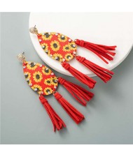 Sunflowers Prints Waterdrop Tassel Fashion Leature Texture Women Costume Earrings - Red