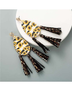 Sunflowers Prints Waterdrop Tassel Fashion Leature Texture Women Costume Earrings - Black