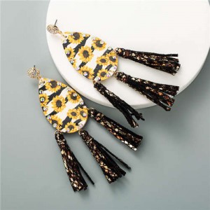 Sunflowers Prints Waterdrop Tassel Fashion Leature Texture Women Costume Earrings - Black