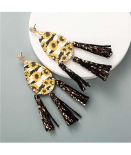 Sunflowers Prints Waterdrop Tassel Fashion Leature Texture Women Costume Earrings - Black