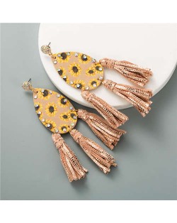 Sunflowers Prints Waterdrop Tassel Fashion Leature Texture Women Costume Earrings - Pink