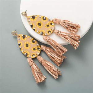 Sunflowers Prints Waterdrop Tassel Fashion Leature Texture Women Costume Earrings - Pink