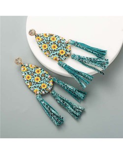 Leopard Prints and Sunflower Prints Waterdrop Women Tassel Earrings - Teal