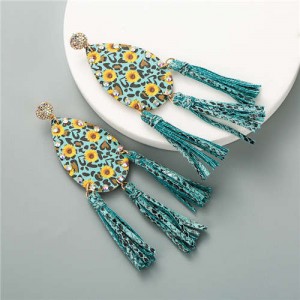 Leopard Prints and Sunflower Prints Waterdrop Women Tassel Earrings - Teal