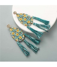 Leopard Prints and Sunflower Prints Waterdrop Women Tassel Earrings - Teal