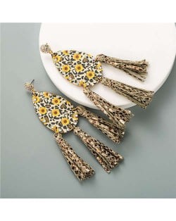 Leopard Prints and Sunflower Prints Waterdrop Women Tassel Earrings - Coffee