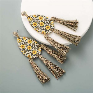 Leopard Prints and Sunflower Prints Waterdrop Women Tassel Earrings - Coffee