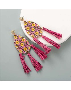 Leopard Prints and Sunflower Prints Waterdrop Women Tassel Earrings - Rose