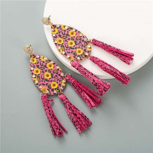 Leopard Prints and Sunflower Prints Waterdrop Women Tassel Earrings - Rose