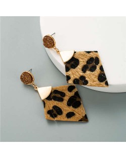 Leopard Prints Diamond Shape Leather Texture High Fashion Women Stud Earrings