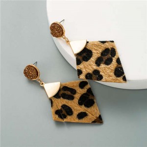 Leopard Prints Diamond Shape Leather Texture High Fashion Women Stud Earrings