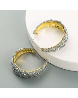 Rhinestone Embellished Korean Fashion Glistening Women Hoop Earrings - White