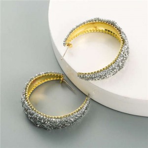 Rhinestone Embellished Korean Fashion Glistening Women Hoop Earrings - White