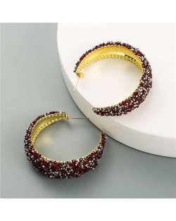 Rhinestone Embellished Korean Fashion Glistening Women Hoop Earrings - Red