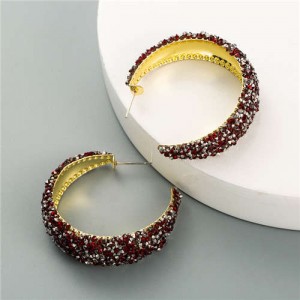 Rhinestone Embellished Korean Fashion Glistening Women Hoop Earrings - Red