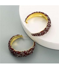 Rhinestone Embellished Korean Fashion Glistening Women Hoop Earrings - Red