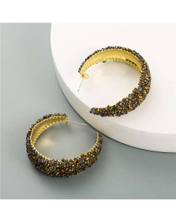 Rhinestone Embellished Korean Fashion Glistening Women Hoop Earrings - Coffee