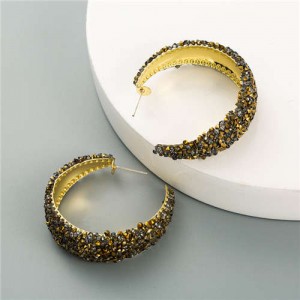 Rhinestone Embellished Korean Fashion Glistening Women Hoop Earrings - Coffee