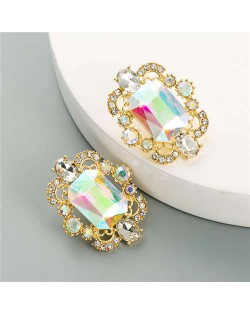 Rhinestone and Glass Gems Hollow Floral Design Square Women Costume Earrings - White