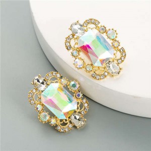 Rhinestone and Glass Gems Hollow Floral Design Square Women Costume Earrings - White