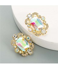 Rhinestone and Glass Gems Hollow Floral Design Square Women Costume Earrings - White