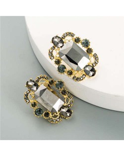 Rhinestone and Glass Gems Hollow Floral Design Square Women Costume Earrings - Black