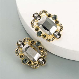 Rhinestone and Glass Gems Hollow Floral Design Square Women Costume Earrings - Black