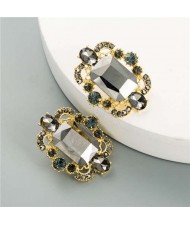 Rhinestone and Glass Gems Hollow Floral Design Square Women Costume Earrings - Black