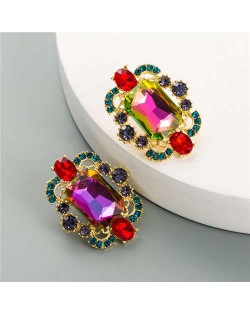 Rhinestone and Glass Gems Hollow Floral Design Square Women Costume Earrings - Multicolor