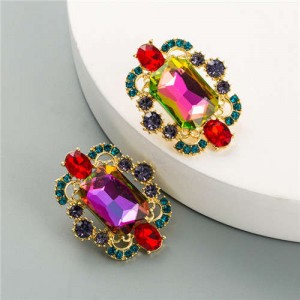 Rhinestone and Glass Gems Hollow Floral Design Square Women Costume Earrings - Multicolor