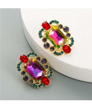 Rhinestone and Glass Gems Hollow Floral Design Square Women Costume Earrings - Multicolor
