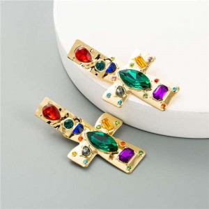Rhinestone Attached U.S. High Fashion Women Costume Alloy Earrings - Cross