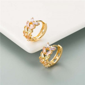Cubic Zirconia Embellished Copper Hoop Earrings - Pink