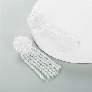 Crystal Beads Tassel Shining Flower Design Summer Fashion Women Earrings - White