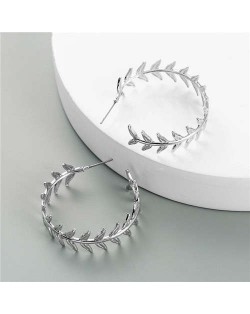 High Fashion Silver Color Leaves Design Women Costume Earrings