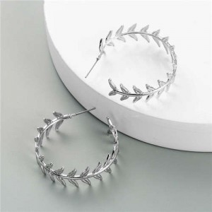 High Fashion Silver Color Leaves Design Women Costume Earrings