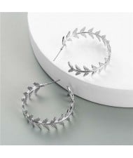 High Fashion Silver Color Leaves Design Women Costume Earrings
