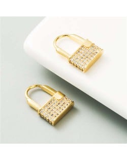 Cubic Zirconia Inlaid Creative Lock Design U.S. High Fashion Women Costume Earrings - Golden