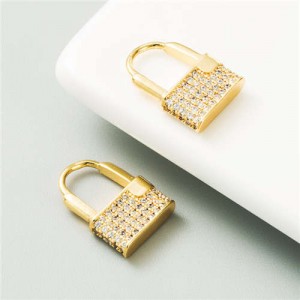 Cubic Zirconia Inlaid Creative Lock Design U.S. High Fashion Women Costume Earrings - Golden