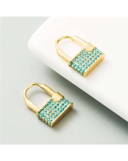 Cubic Zirconia Inlaid Creative Lock Design U.S. High Fashion Women Costume Earrings - Teal