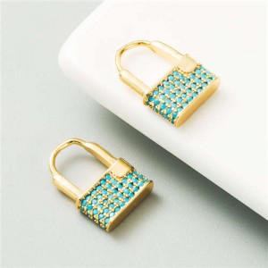 Cubic Zirconia Inlaid Creative Lock Design U.S. High Fashion Women Costume Earrings - Teal