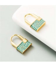 Cubic Zirconia Inlaid Creative Lock Design U.S. High Fashion Women Costume Earrings - Teal