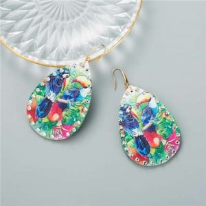 Tropical Birds High Fashion Waterdrop Design Women PU Costume Earrings