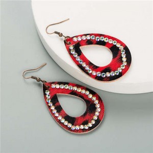Rhinestone Rimmed Creative Hollow Waterdrop Design PU Women Costume Earrings - Red