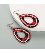 Rhinestone Rimmed Creative Hollow Waterdrop Design PU Women Costume Earrings - Red