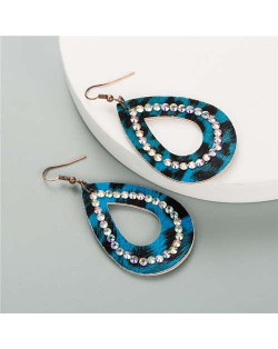 Rhinestone Rimmed Creative Hollow Waterdrop Design PU Women Costume Earrings - Blue