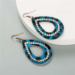 Rhinestone Rimmed Creative Hollow Waterdrop Design PU Women Costume Earrings - Blue