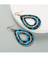 Rhinestone Rimmed Creative Hollow Waterdrop Design PU Women Costume Earrings - Blue